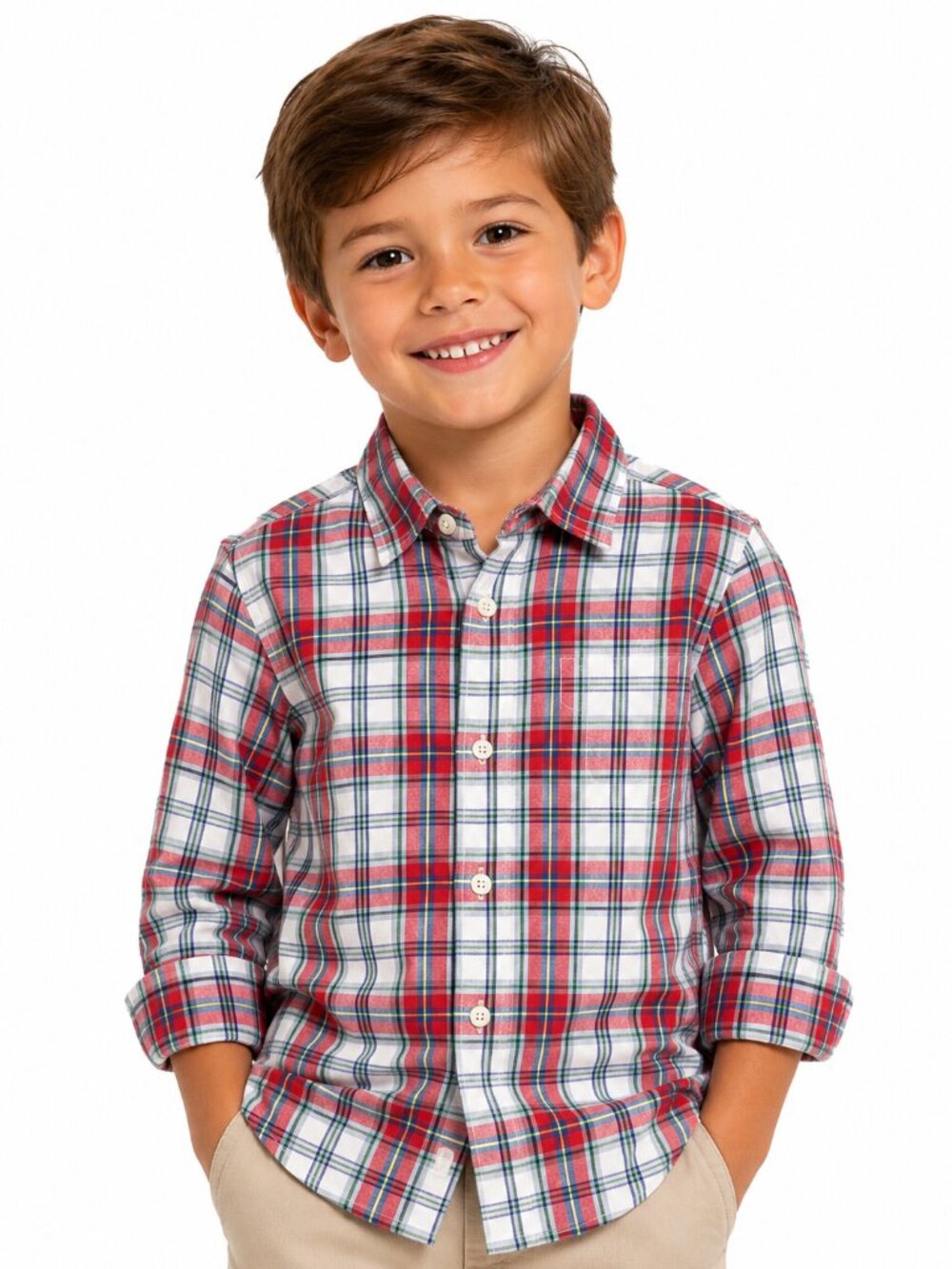 Mini Boden Boys Plaid Button Down Long Sleeve Shirt Size 6-7